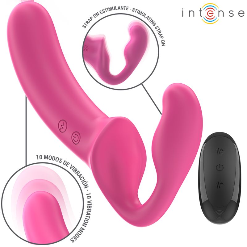 Rosa Doppelvibrator mit Fernbedienung. Text: '10 Modos de vibración' und 'Strap on estimulante'. Fernbedienung mit Tasten.