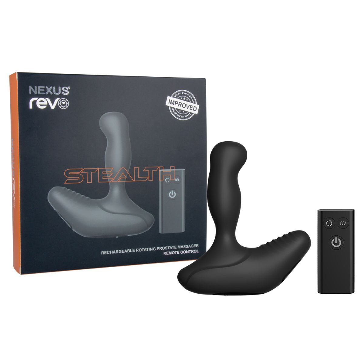Verpackung mit Wellness-Produkt und Fernbedienung. Aufschrift: Nexus Revo Stealth. Mit 'Improved' Siegel.
