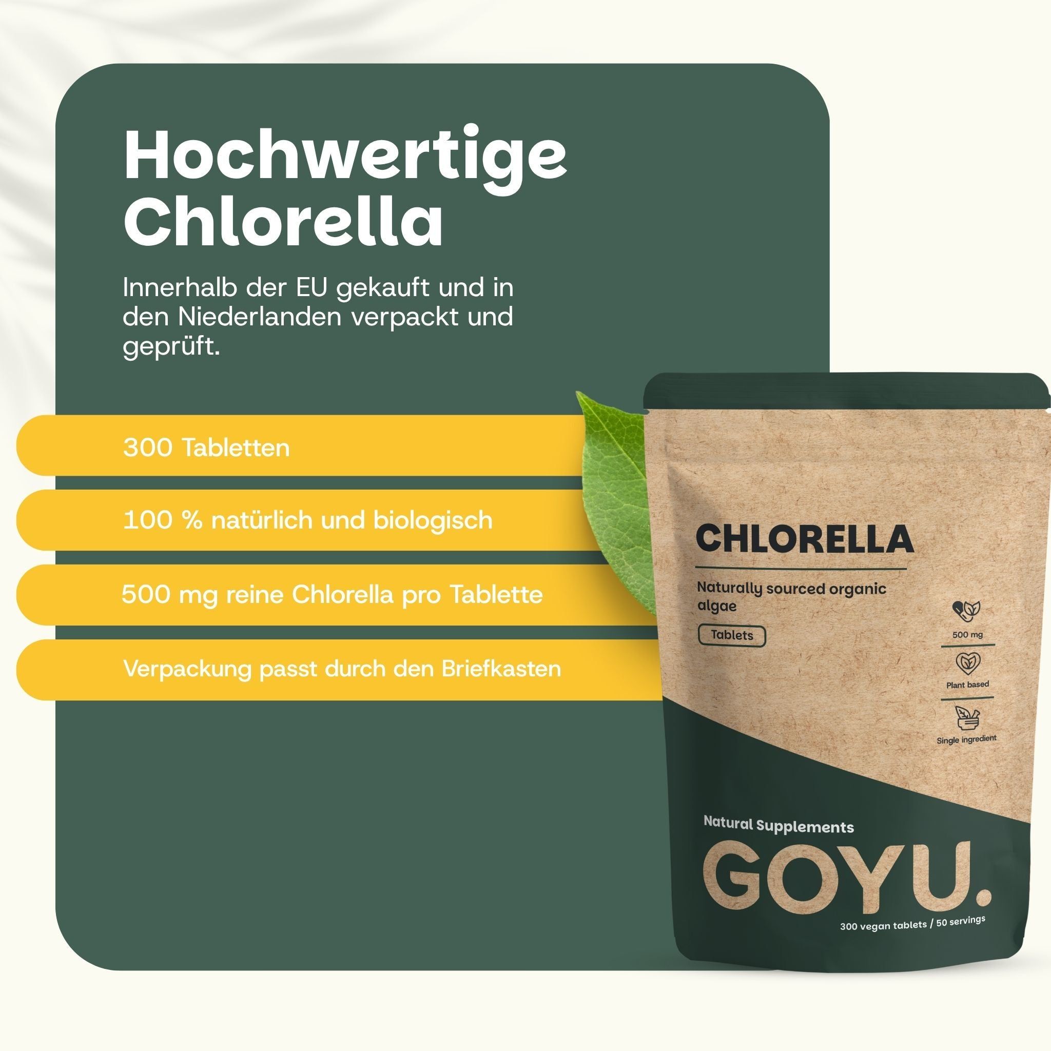 Papiertüte mit Chlorella-Tabletten, 500 mg, Bio, 300 Stück, passt durch den Briefkasten.