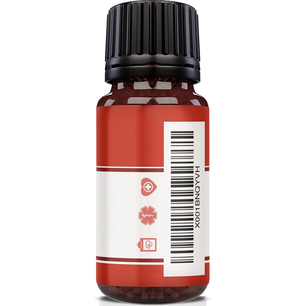 Braune Glasflasche mit schwarzem Deckel. Rotes Etikett mit Barcode und Symbolen: Kreuz, Herz, Zahnrad, Dokument.