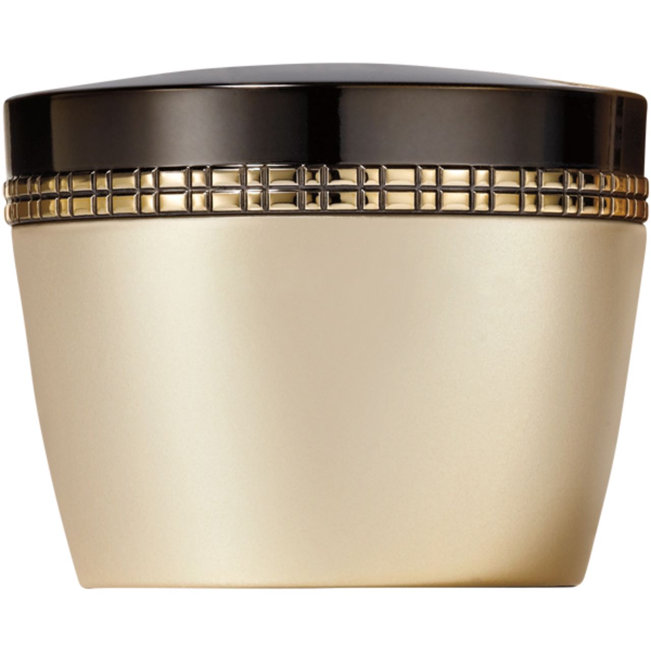 Beige Cremebehälter mit schwarzem Deckel und goldfarbenem Zierring. Blick von vorne.