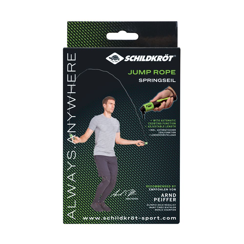 Verpackung von Schildkröt® Springseil mit Zählfunktion. Schwarzer Karton mit Produktabbildung und Text.