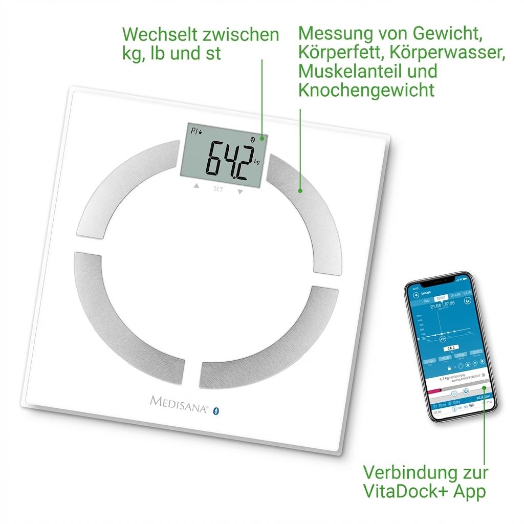Weiße Körperanalysewaage mit LCD-Display, Smartphone-App-Verbindung und Messanzeige.