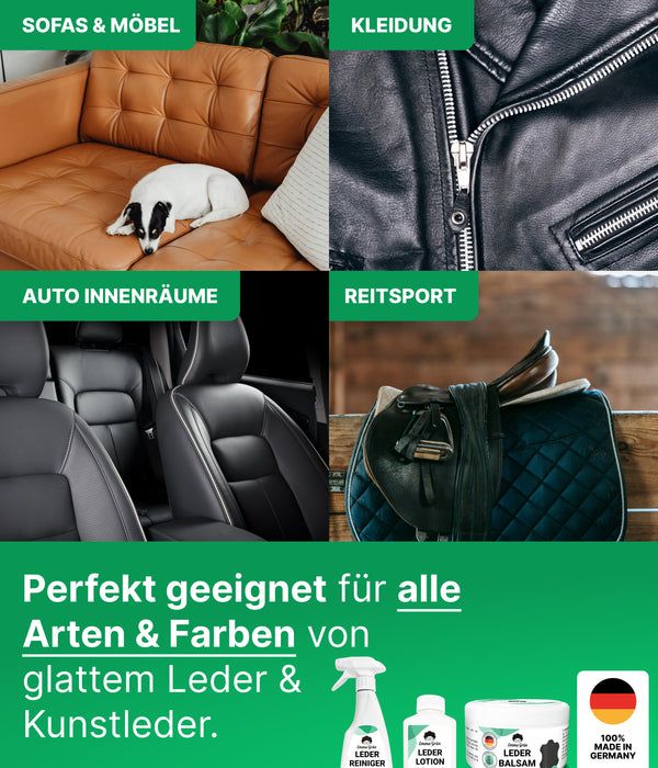 Produktabbildung mit Lederprodukten: Sofas, Kleidung, Auto-Innenräume, Reitsport. Text: Geeignet für alle Arten & Farben von Glattleder & Kunstleder.
