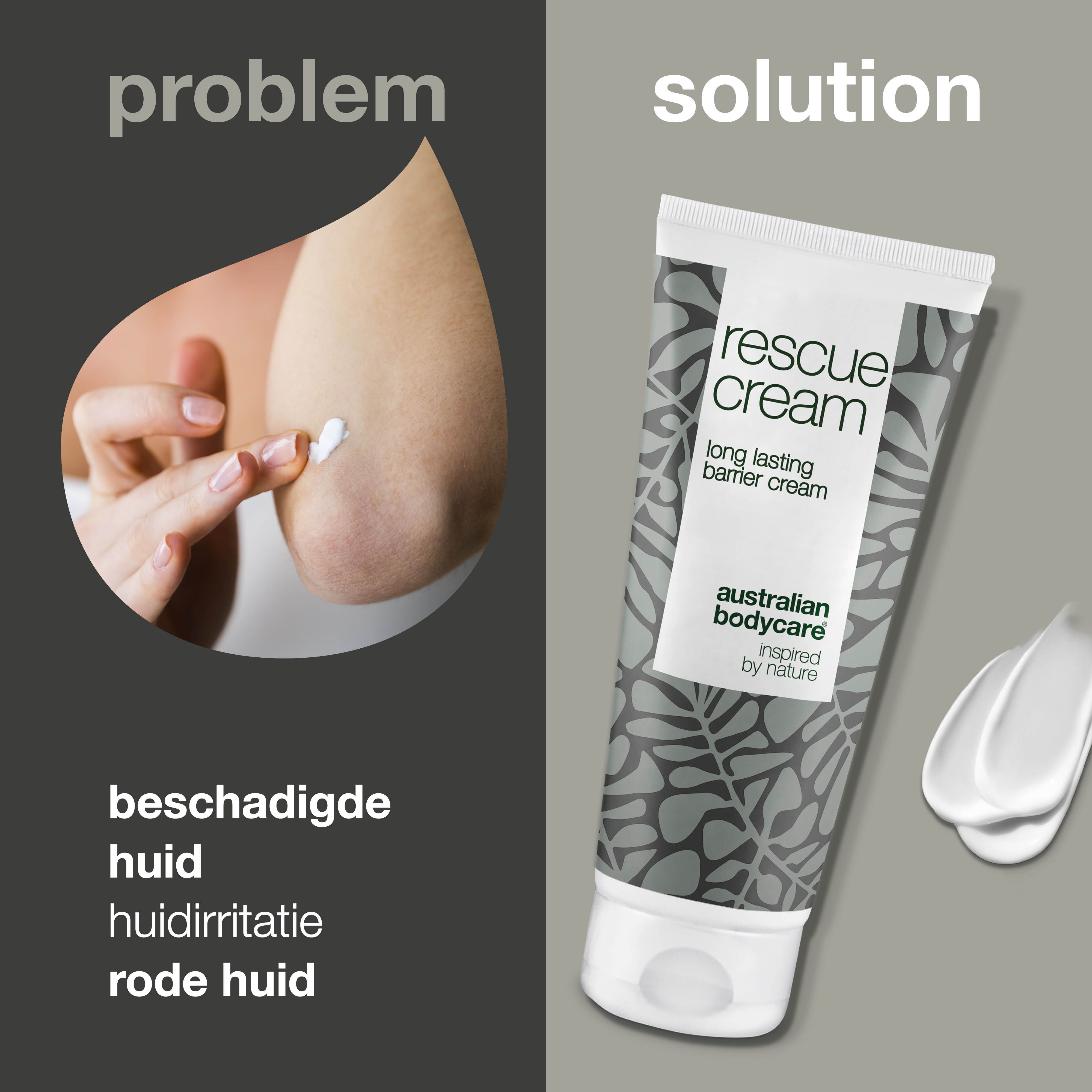 Tube crème en tekst. Opschrift: rescue cream, long lasting barrier cream. Merk: Australian Bodycare.