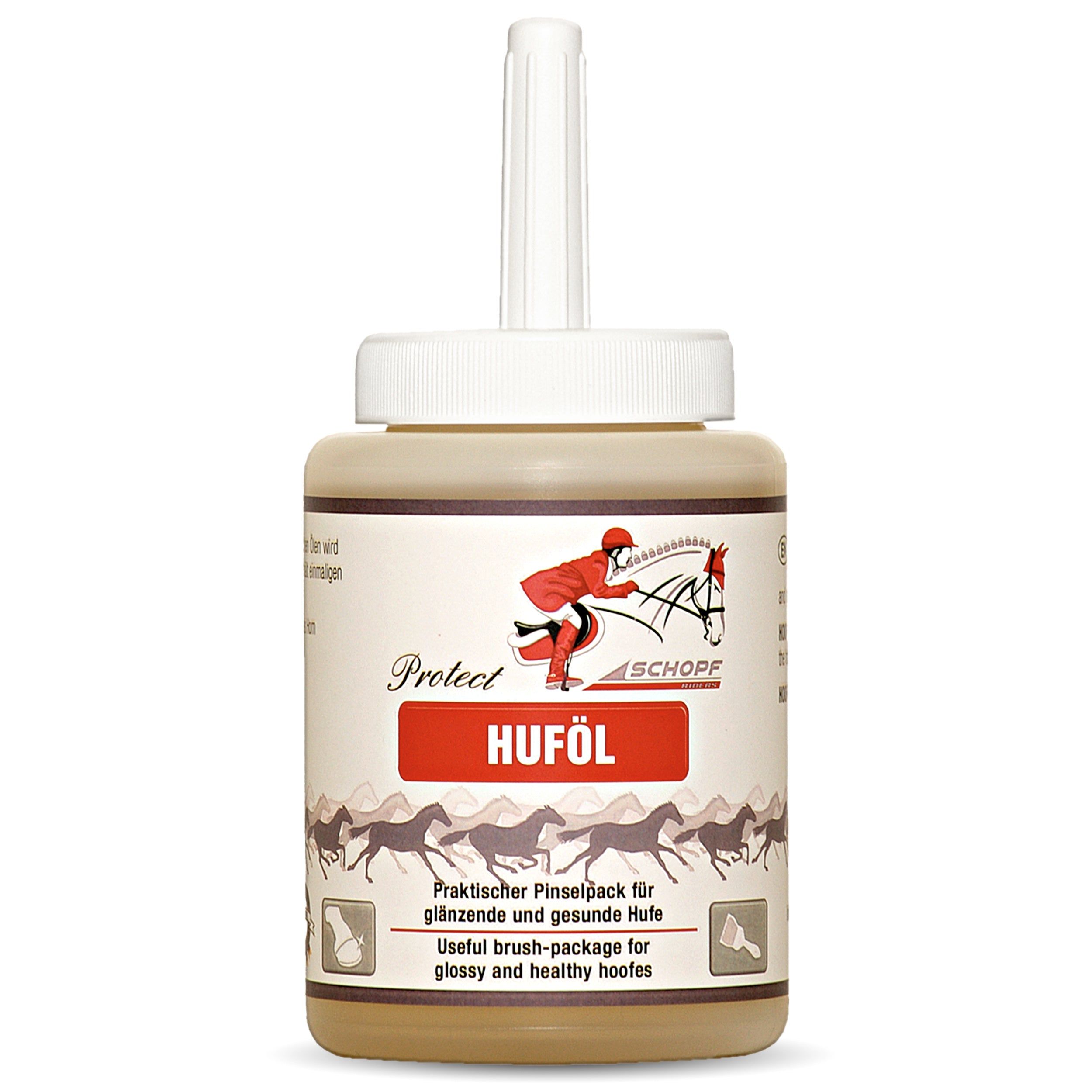 Huföl-Flasche mit Applikator. Aufschrift: Huföl. Praktischer Pinselpack für glänzende und gesunde Hufe.