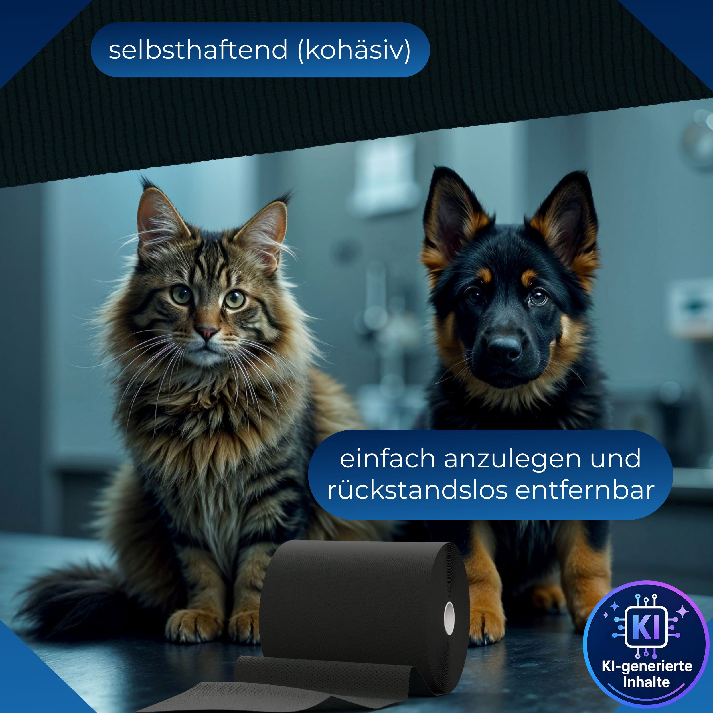 Schwarze, selbsthaftende Fixierbinde. Einfach anzulegen und rückstandslos entfernbar.