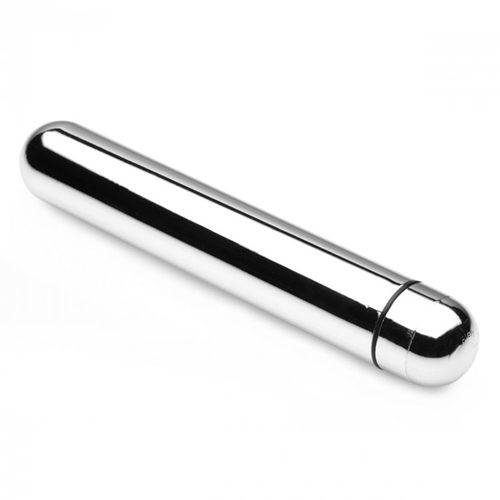 Zylindrischer Vibrator, silberfarben, mit abgerundeten Enden. Schwarzer Ring am Ende.