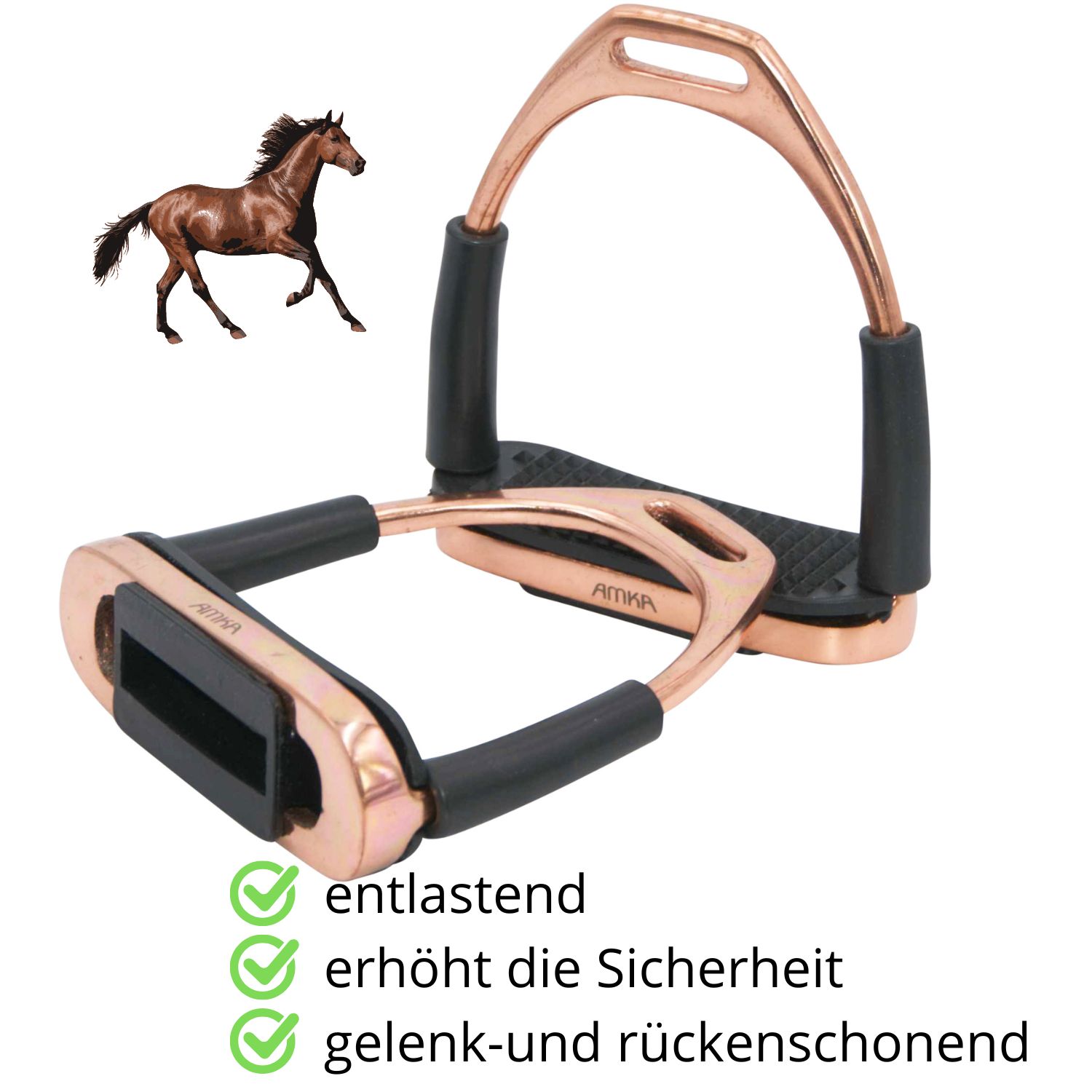 AMKA Steigbügel mit Gelenk. Roségoldfarben, schwarze Gummielemente, geriffelte Trittfläche. Text: entlastend, erhöht die Sicherheit.