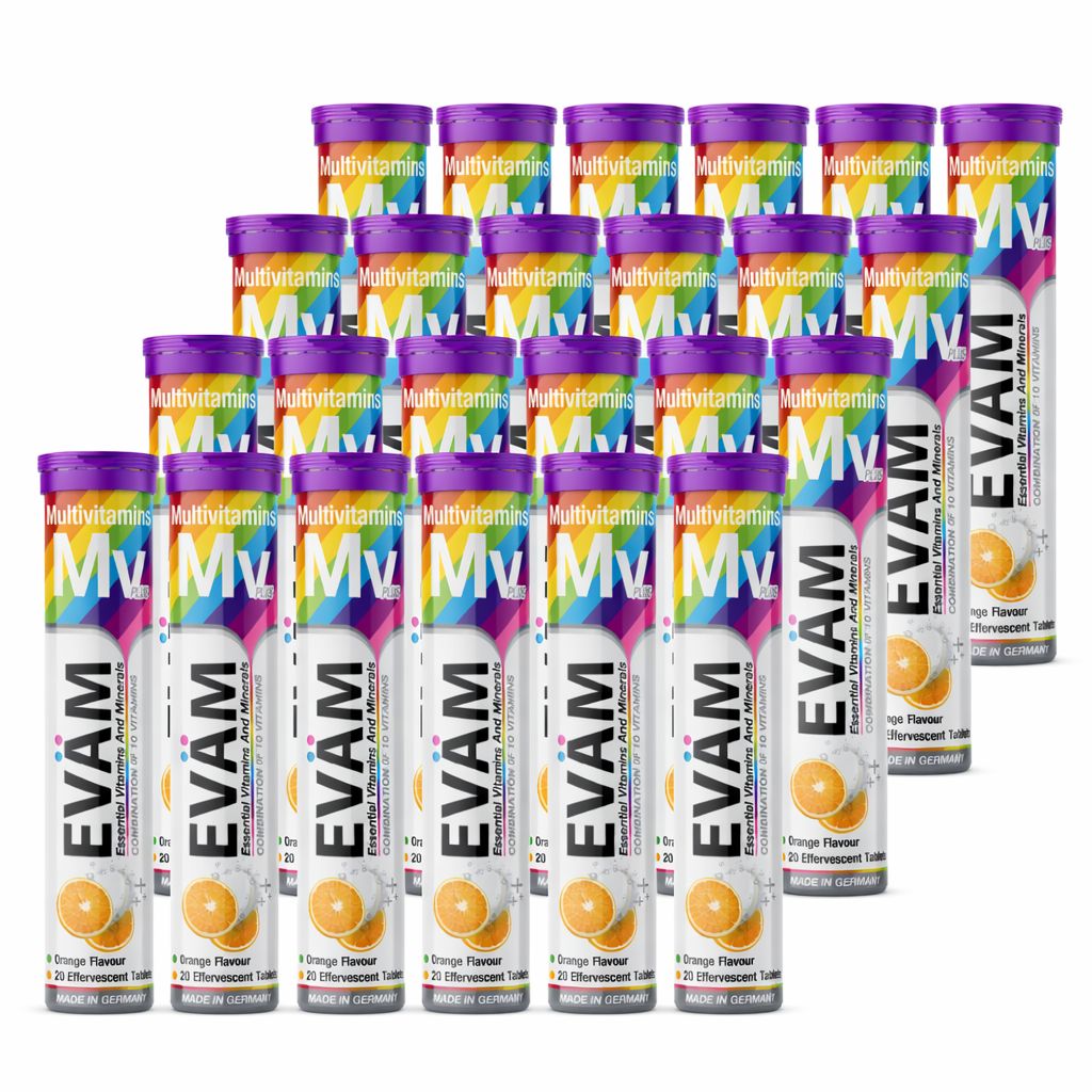 Mehrere Tuben EVÄM Multivitamin. Jede Tube enthält Brausetabletten mit Orangengeschmack. Aufdruck: EVÄM, Multivitamin, Orange Flavor.