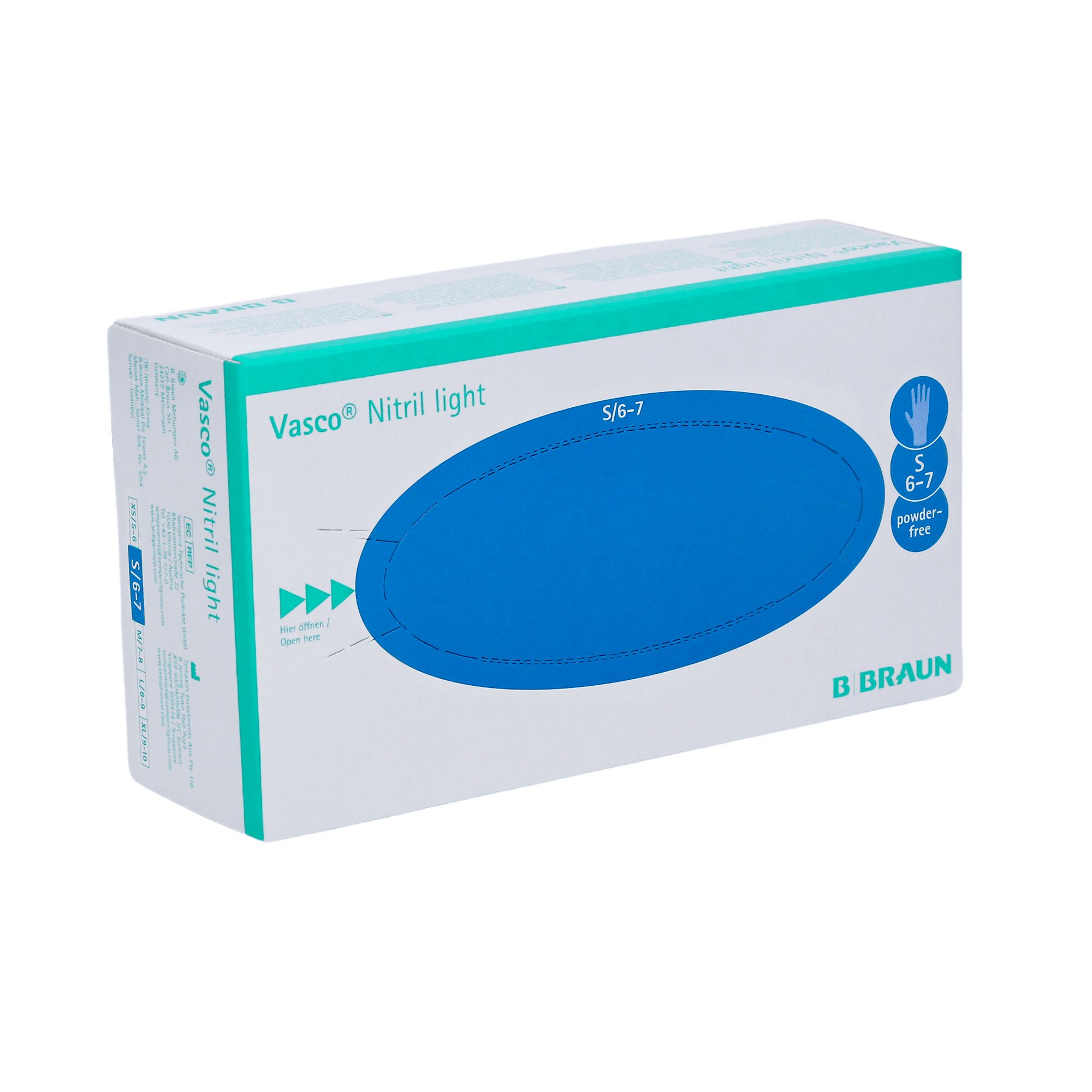 Verpackung von Vasco Nitril light Untersuchungshandschuhen. Weißer Karton mit blauem Oval und Produktnamen. Größe S/6-7, puderfrei.