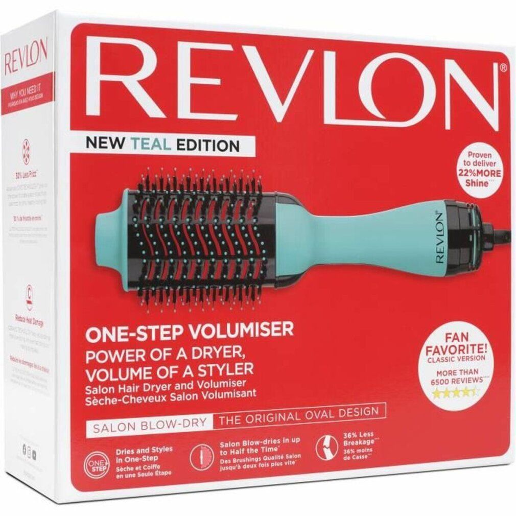 Verpackung der Warmluftbürste. Rote Verpackung mit Produktabbildung und Text: REVON, New Teal Edition, One-Step Volumiser.