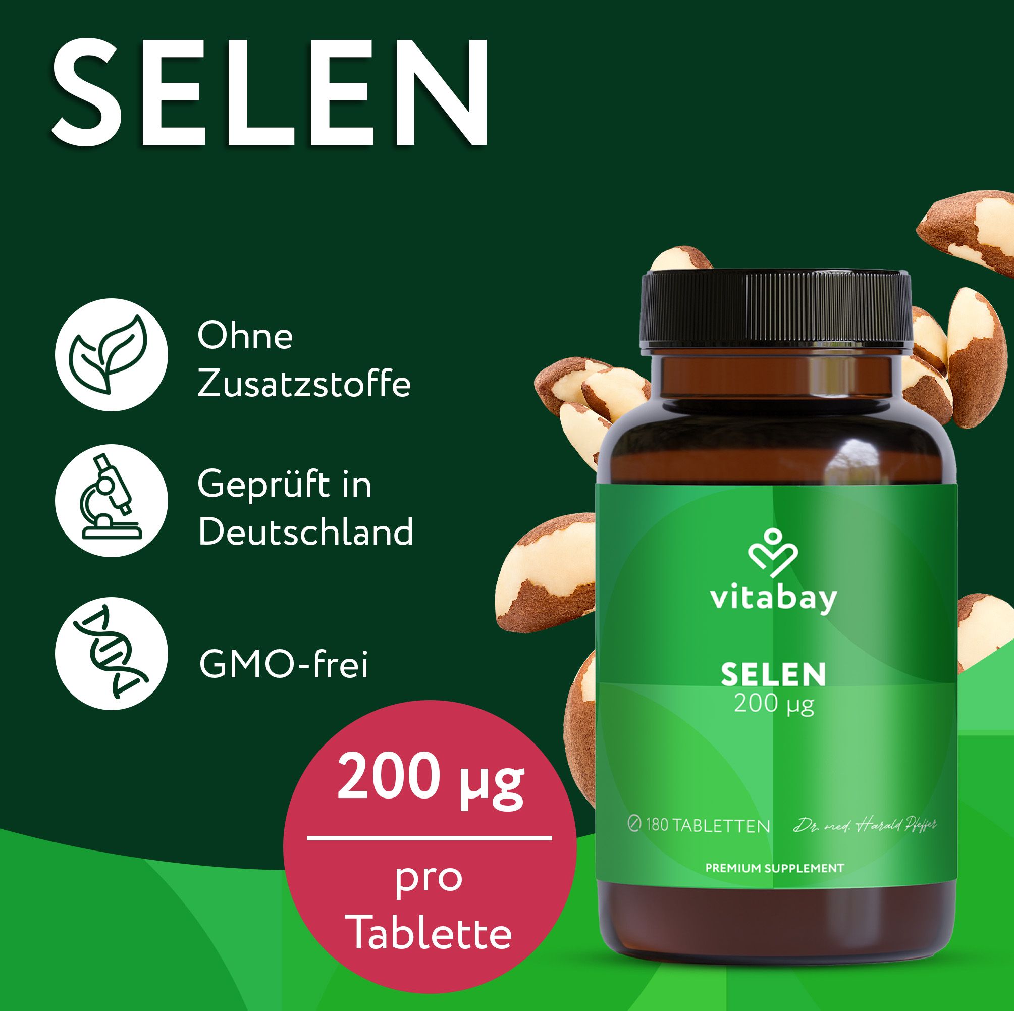 Braune Glasflasche mit grüner Aufschrift: Selen 200 µg. Text: 200 µg pro Tablette, 180 Tabletten. Logos: Ohne Zusatzstoffe, GMO-frei, Geprüft in Deutschland.