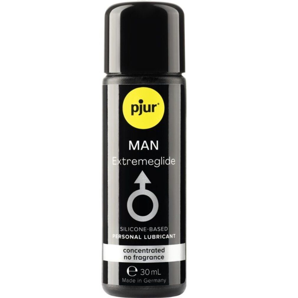 Schwarze Flasche mit schwarzem Deckel. Aufschrift: pjur MAN Extremeglide, Männlichkeits-Symbol, SILICONE-BASED PERSONAL LUBRICANT, concentrated no fragrance, e 30 ml, Made in Germany.