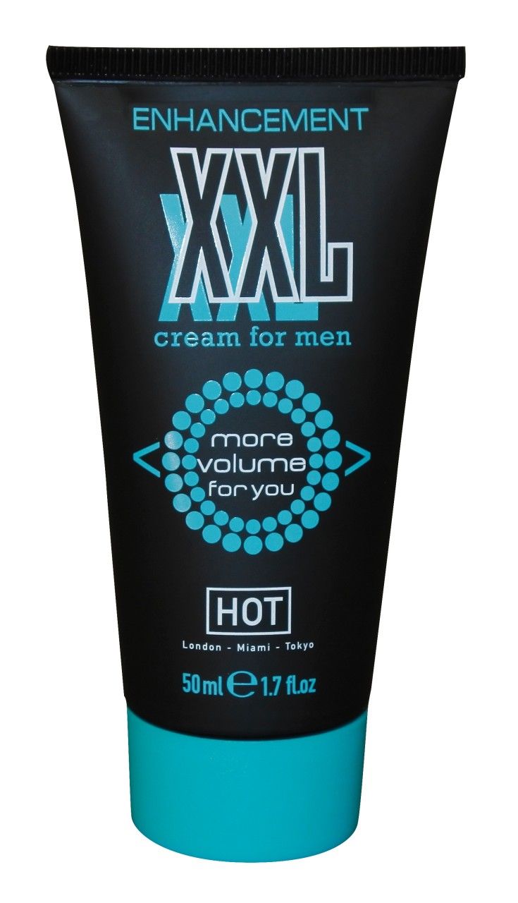 Schwarze Tube. Text: XXL cream for men, more volume for you, HOT. 50ml 1.7 fl.oz.