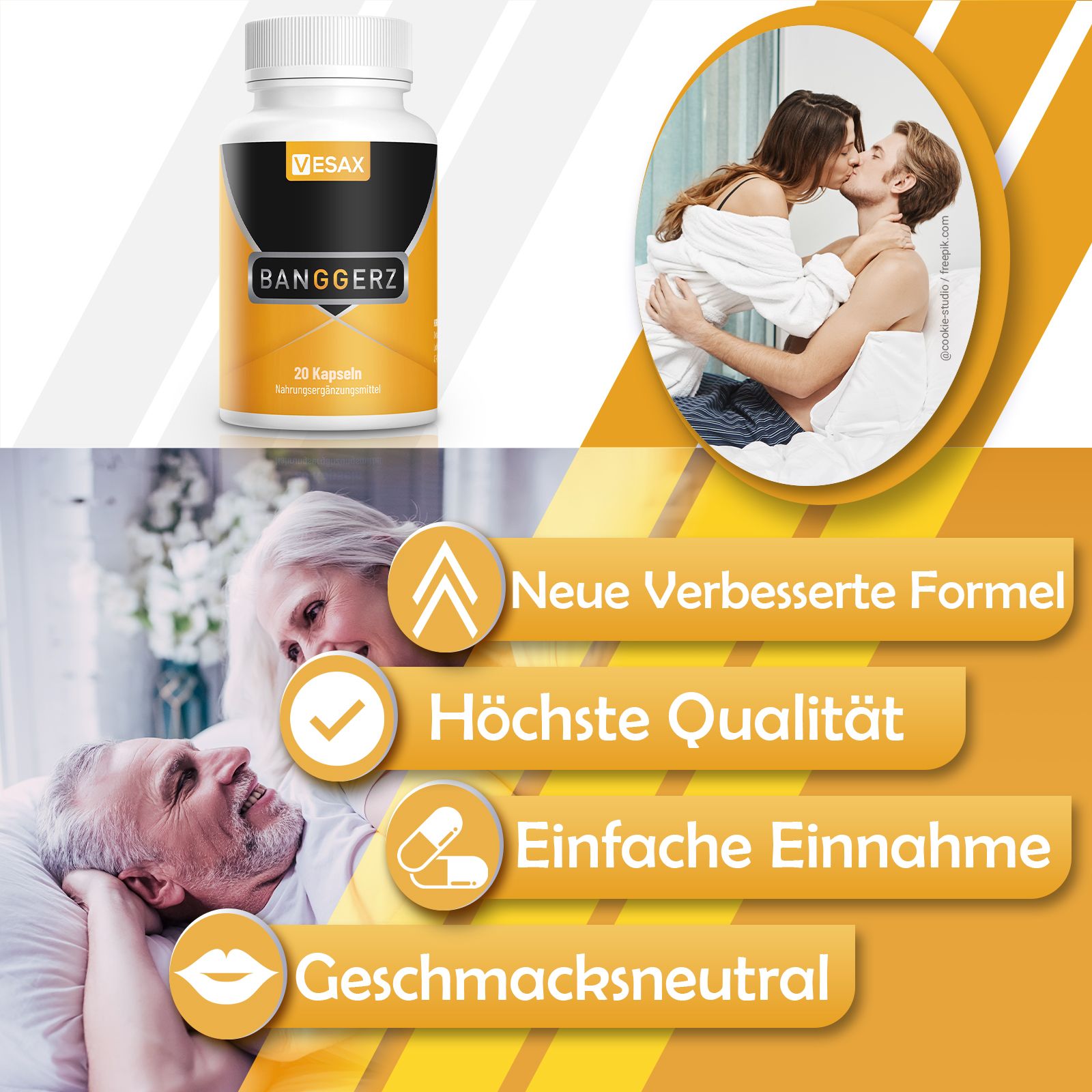 Flasche mit VESAX und BANGGERZ. Text: Neue verbesserte Formel, Höchste Qualität, Einfache Einnahme, Geschmacksneutral. Hintergrund: Paare.