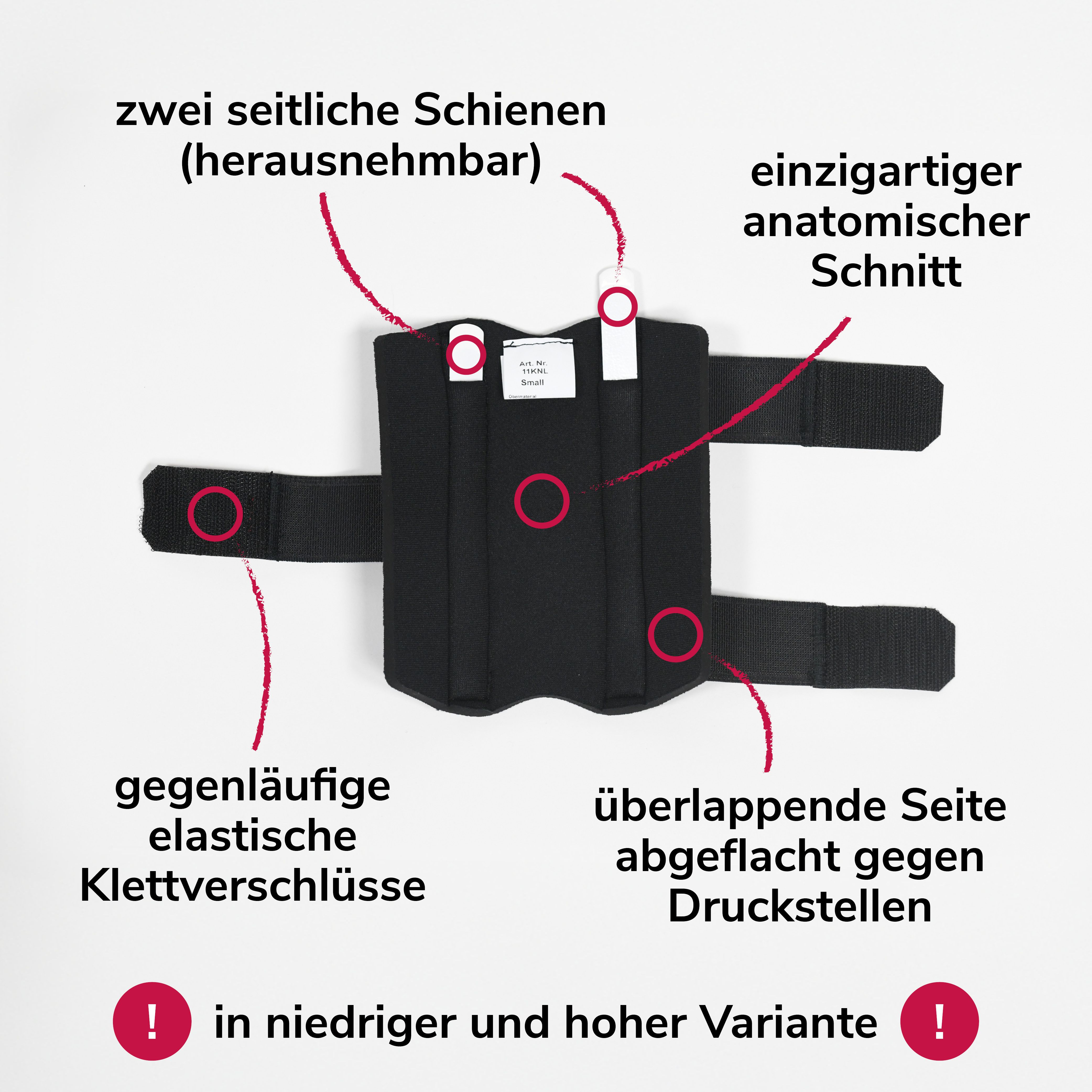 Draufsicht auf eine schwarze Karpalgelenkbandage. Text: zwei seitliche Schienen, anatomischer Schnitt, Klettverschlüsse, etc.