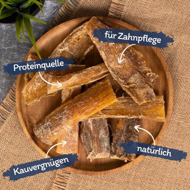 Rindernackensehnen auf Holzbrett. Beschriftungen: Proteinquelle, Kauvergnügen, natürlich, für Zahnpflege. Text in Sprechblasen.