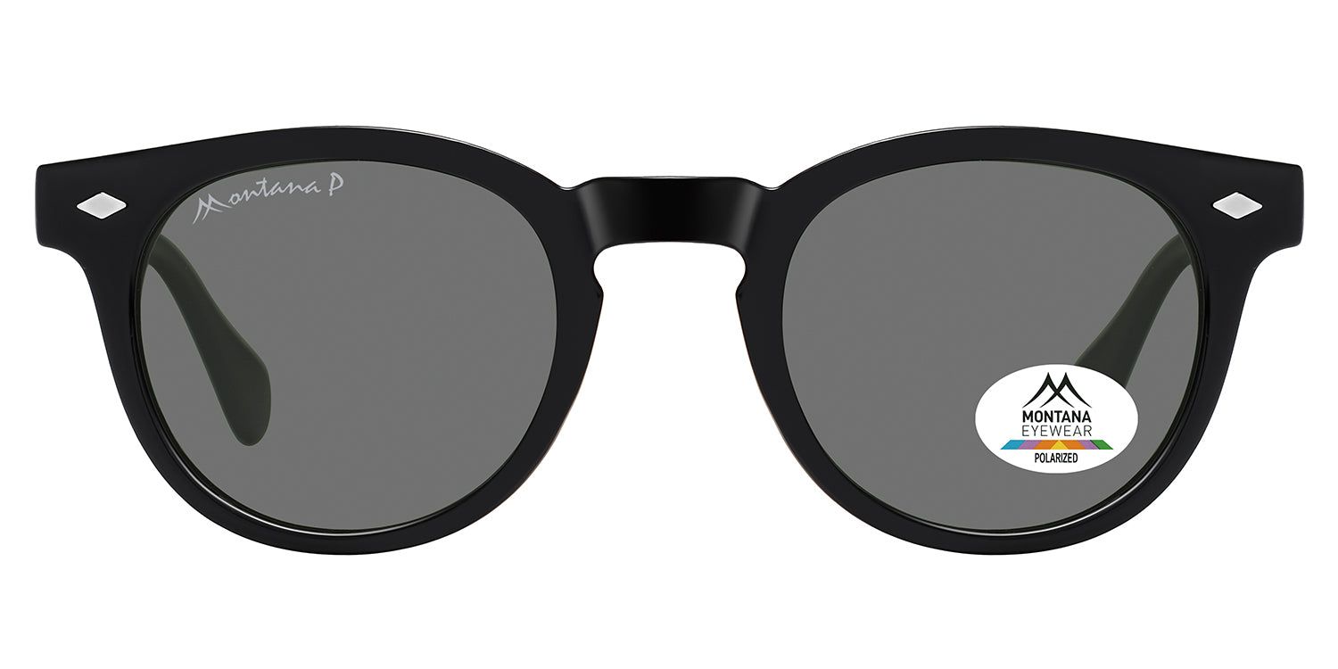 Schwarze Sonnenbrille mit runden Gläsern. Montana Eyewear Logo auf dem Bügel. Polarisierte Gläser. Diamantförmige Akzente an den Seiten.