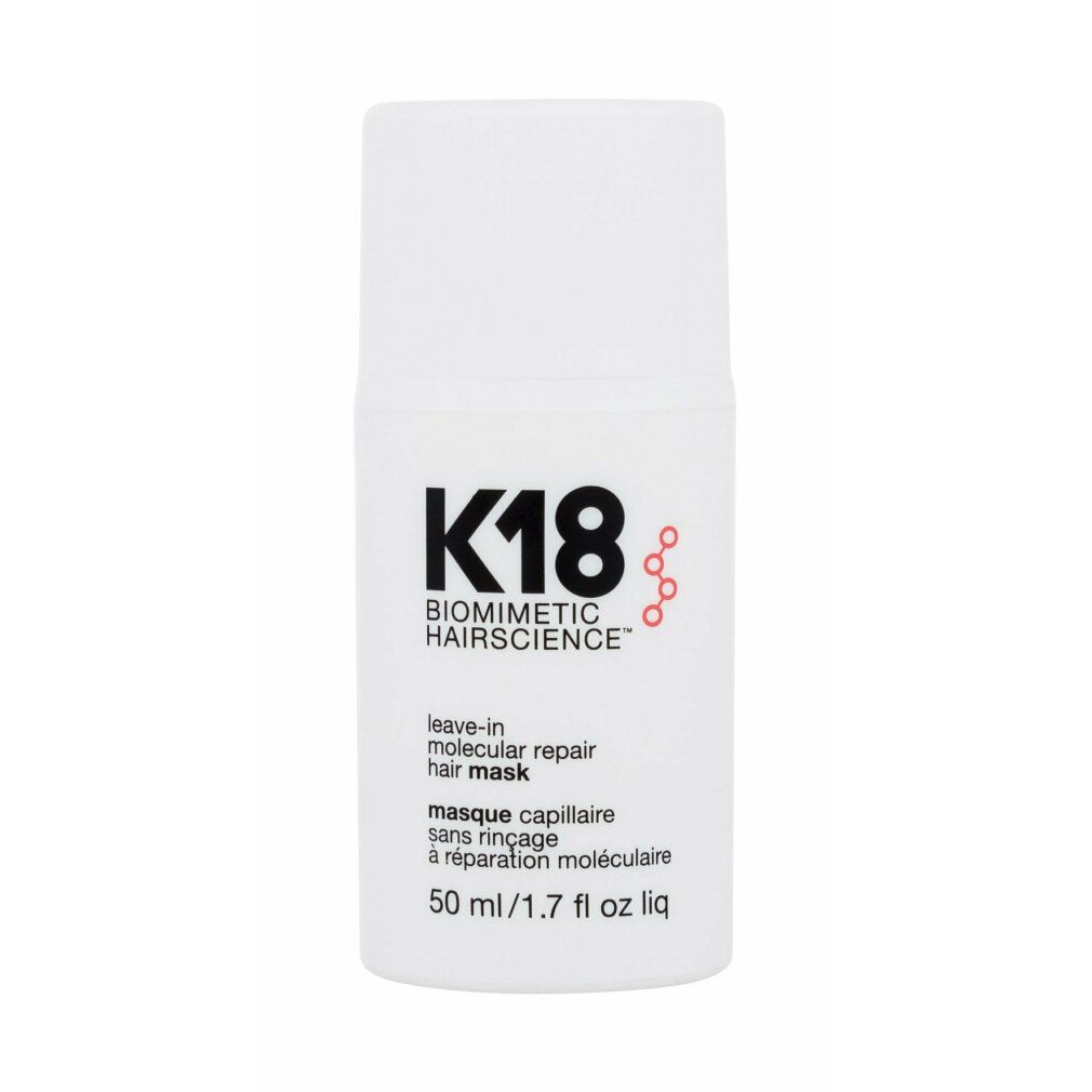 Weiße Flasche mit K18-Logo und Text. Enthält "leave-in molecular repair hair mask".