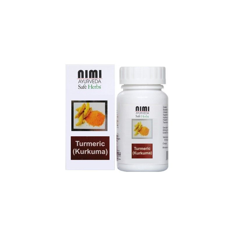Weiße Flasche und Schachtel mit Produktaufdruck. Aufschrift: Nimi Ayurveda, Kurkuma (Kurkuma). Abbildung von Kurkuma.