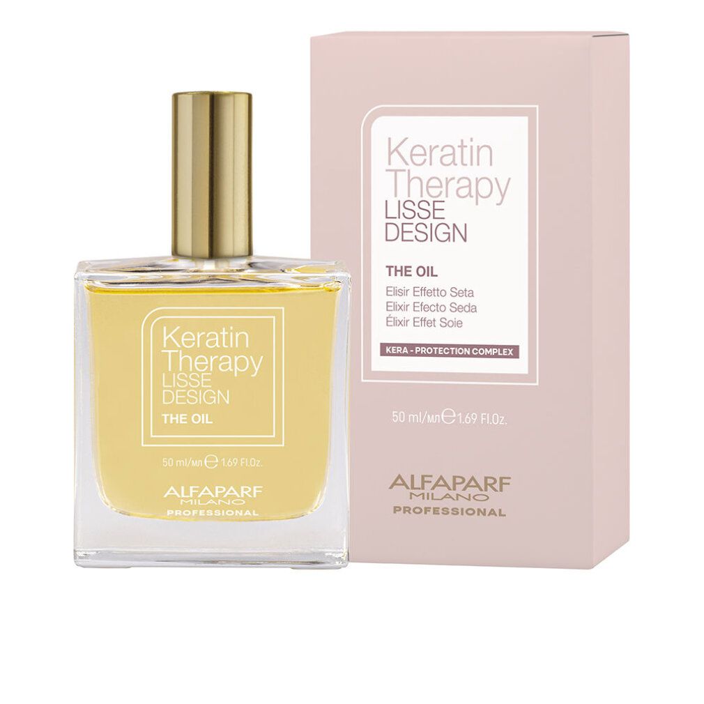 Glasflasche mit goldfarbenem Verschluss und rosa Verpackung. Aufschrift: Keratin Therapy Lisse Design The Oil. Marke Alfaparf Milano.