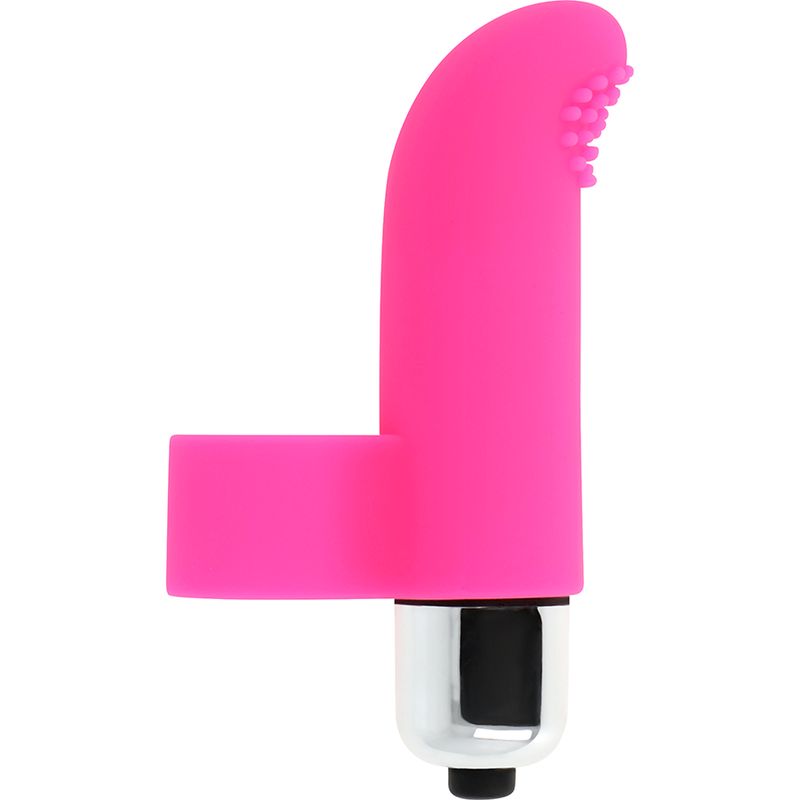 Pinkfarbener, texturierter Fingerhut mit Vibrationsfunktion. Enthält einen Ring und einen Vibrationskopf mit Noppen. Silberfarbener Sockel.