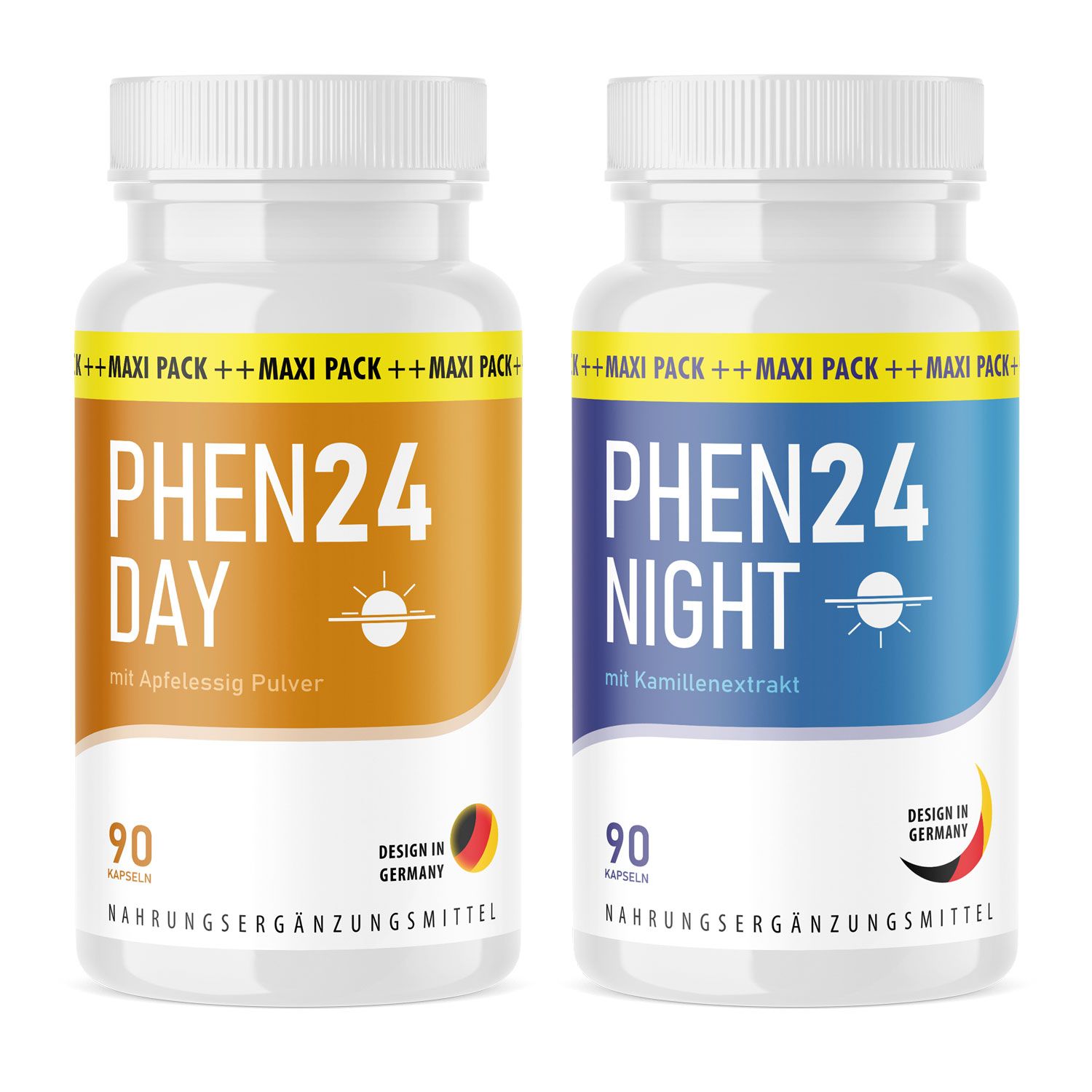 Zwei Flaschen Phen24 Day und Night Kapseln. Weiße Flaschen mit gelben und blauen Etiketten. Aufschrift: Phen24, 90 Kapseln, Design in Germany.