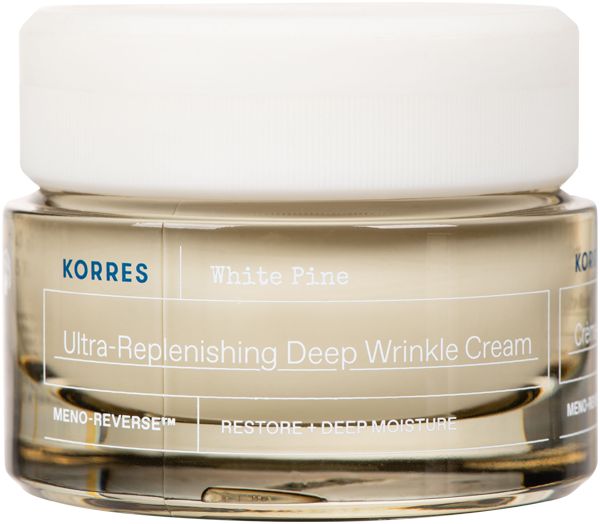 Glasbehälter mit weißem Deckel. Aufschrift: KORRES, White Pine, Ultra-Replenishing Deep Wrinkle Cream.