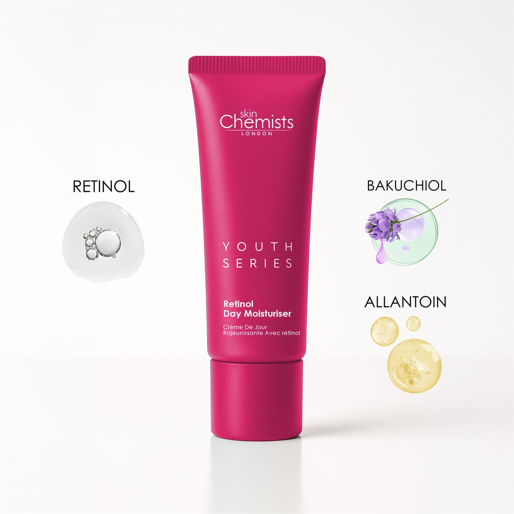 SkinChemists Retinol & Bakuchiol Tagescreme mit Darstellungen von Retinol, Bakuchiol und Allantoin.