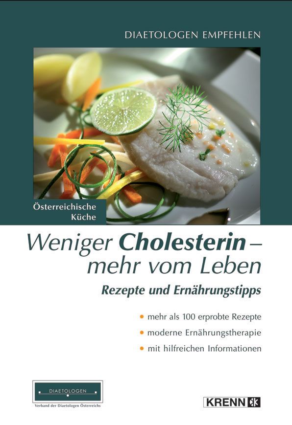 Buchcover mit Fischgericht und Limettenscheibe. Titel: Weniger Cholesterin - mehr vom Leben. Rezepte und Ernährungstipps. Logo: Diätologen empfehlen.