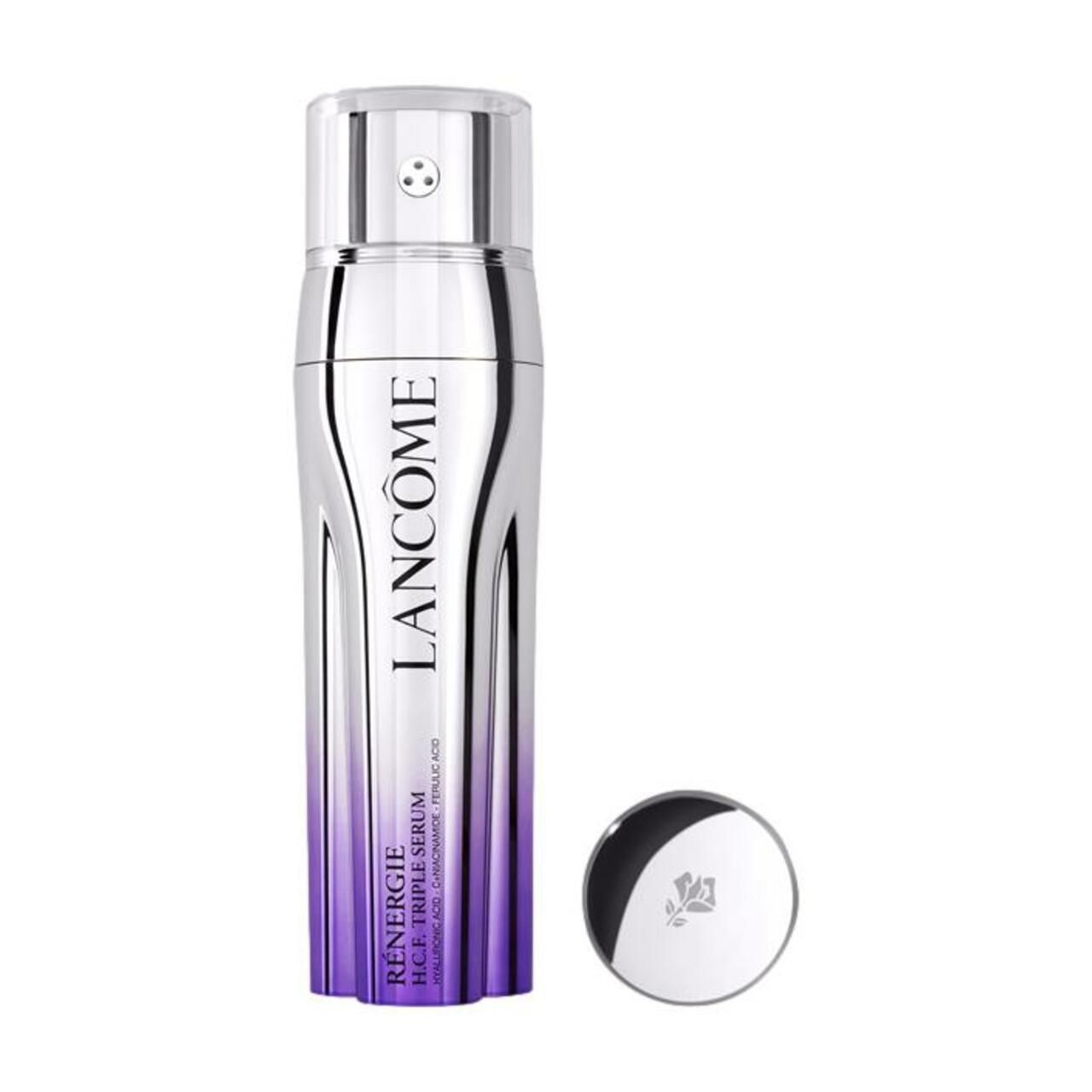 Lancôme Rénergie H.C.F. Triple Serum. Flasche mit silbernem und lila Farbverlauf. Deckel daneben.