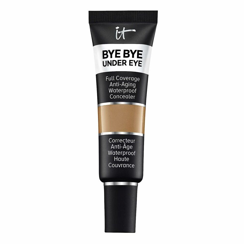 Concealer-Tube mit Aufschrift "IT BYE BYE UNDER EYE". Farbton: Hellbraun. Text: Full Coverage, Anti-Aging, Waterproof Concealer.
