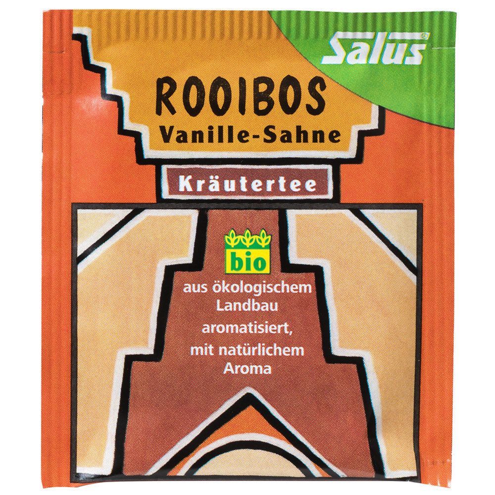 Einzelpackung Salus® Rooibos Vanille-Sahne Kräutertee. Aufschrift: koffeinfrei, mit echter Vanille, aromatisiert mit natürlichem Aroma. Bio-Siegel.