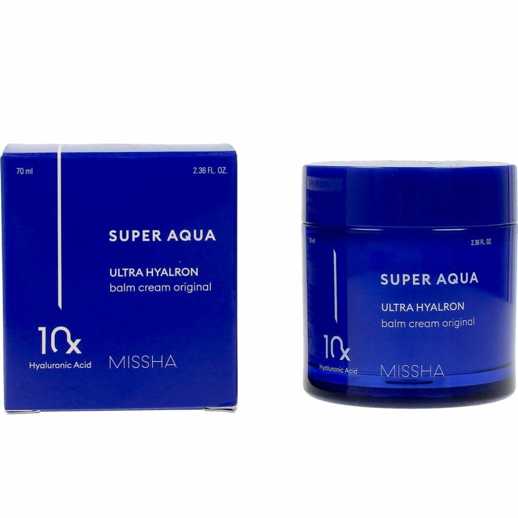 Blaue Creme-Dose und -Verpackung. Aufschrift: Super Aqua Ultra Hyalron Balm Cream Original. Marke: Missha. 10x Hyaluronsäure.