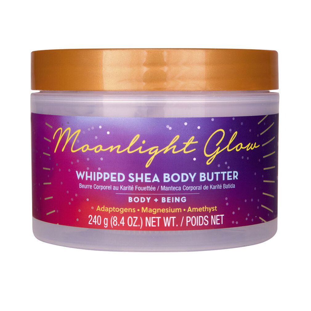 Moonlight Glow Whipped Shea Body Butter in einem durchsichtigen Behälter mit goldenem Deckel. Enthält 240g.