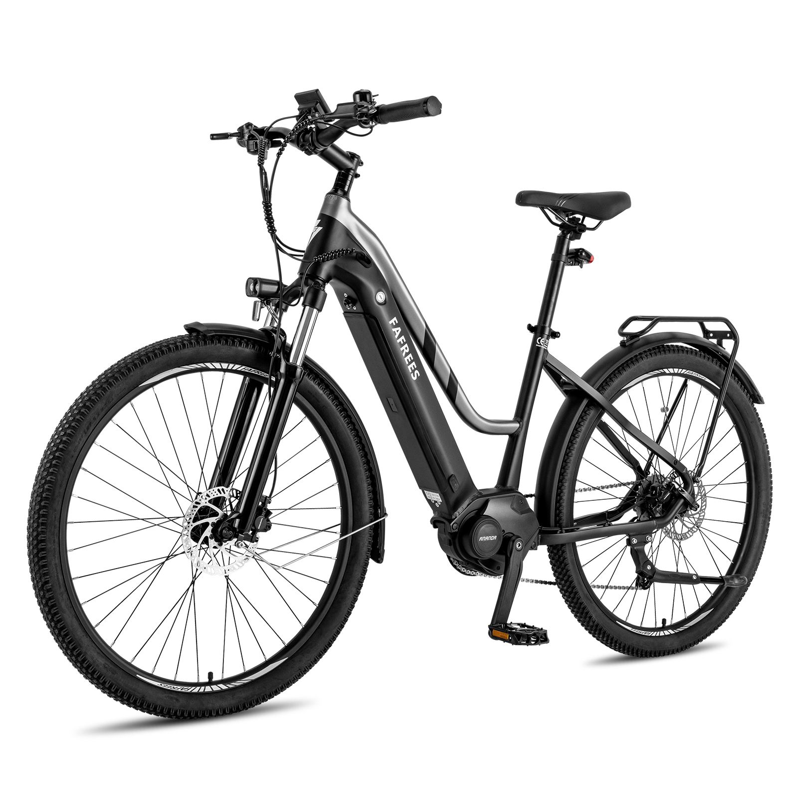 Schwarzes E-Bike mit Mittelmotor. FAFREES-Logo am Rahmen. Gepäckträger, Schutzbleche und schwarze Reifen.
