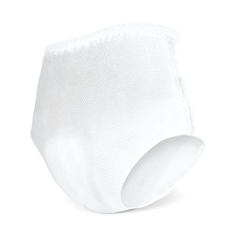 Weiße Inkontinenzhose. Blick auf die Innenseite. Strukturierter Stoff. Elastischer Bund und Beinabschlüsse. Für Erwachsene.