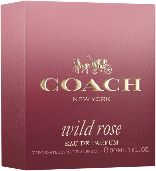 Verpackung in Rosa-Rot mit goldfarbenem Logo und Schriftzug. Auf der Verpackung steht "COACH NEW YORK" und "wild rose".