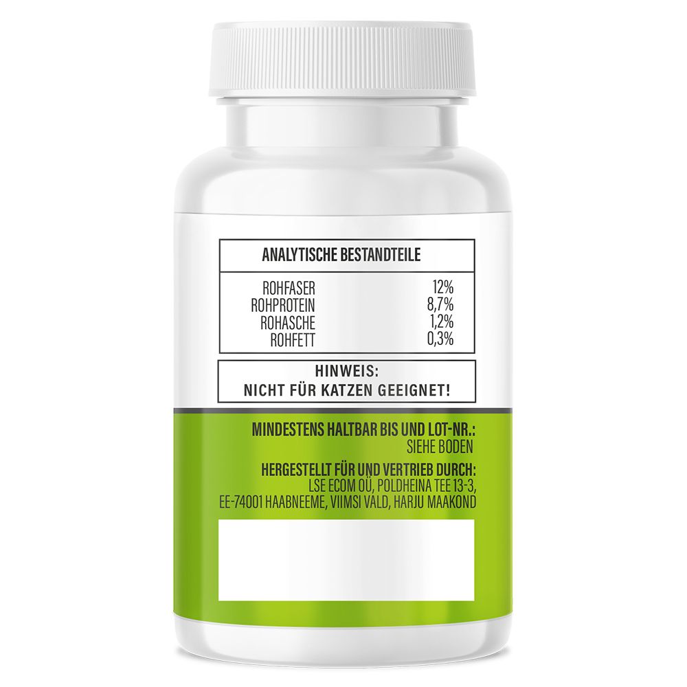 Weiße Flasche mit grünem Etikett. Text: Analytische Bestandteile, Mindestens haltbar bis, Nicht für Katzen geeignet. Herstelleradresse.