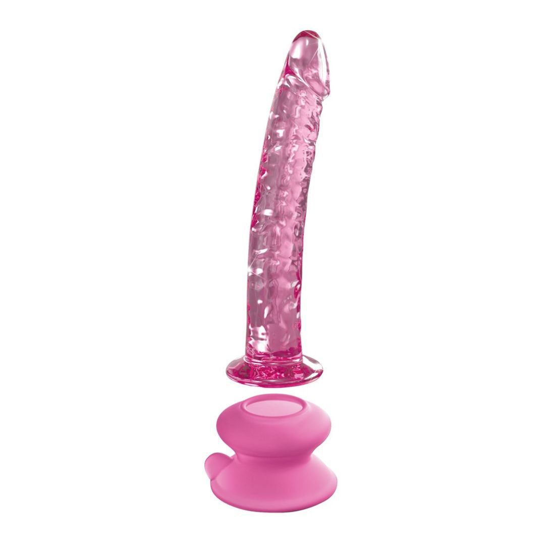Rosa Glasdildo mit abgetrenntem Saugfuß. Der Dildo ist transparent und hat eine strukturierte Oberfläche. Der Saugfuß ist rund.