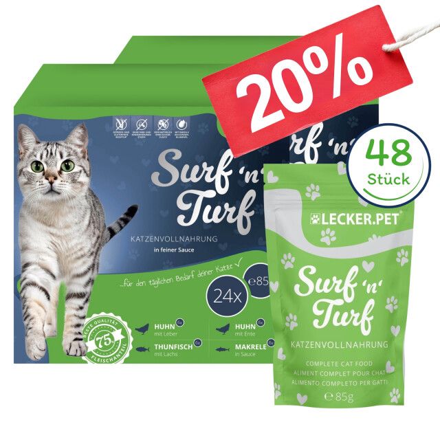 48 x 85 g Lecker.Pet® Surf'n'Turf Pouches Katzenfutter in feiner Sauce Nassfutter - 4 Sorten 48x85 Futter