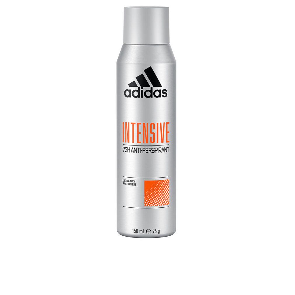 Silberne Deospray-Dose mit schwarzem Adidas-Logo und orangefarbenem Schriftzug "INTENSIVE". Enthält 72h Anti-Transpirant.