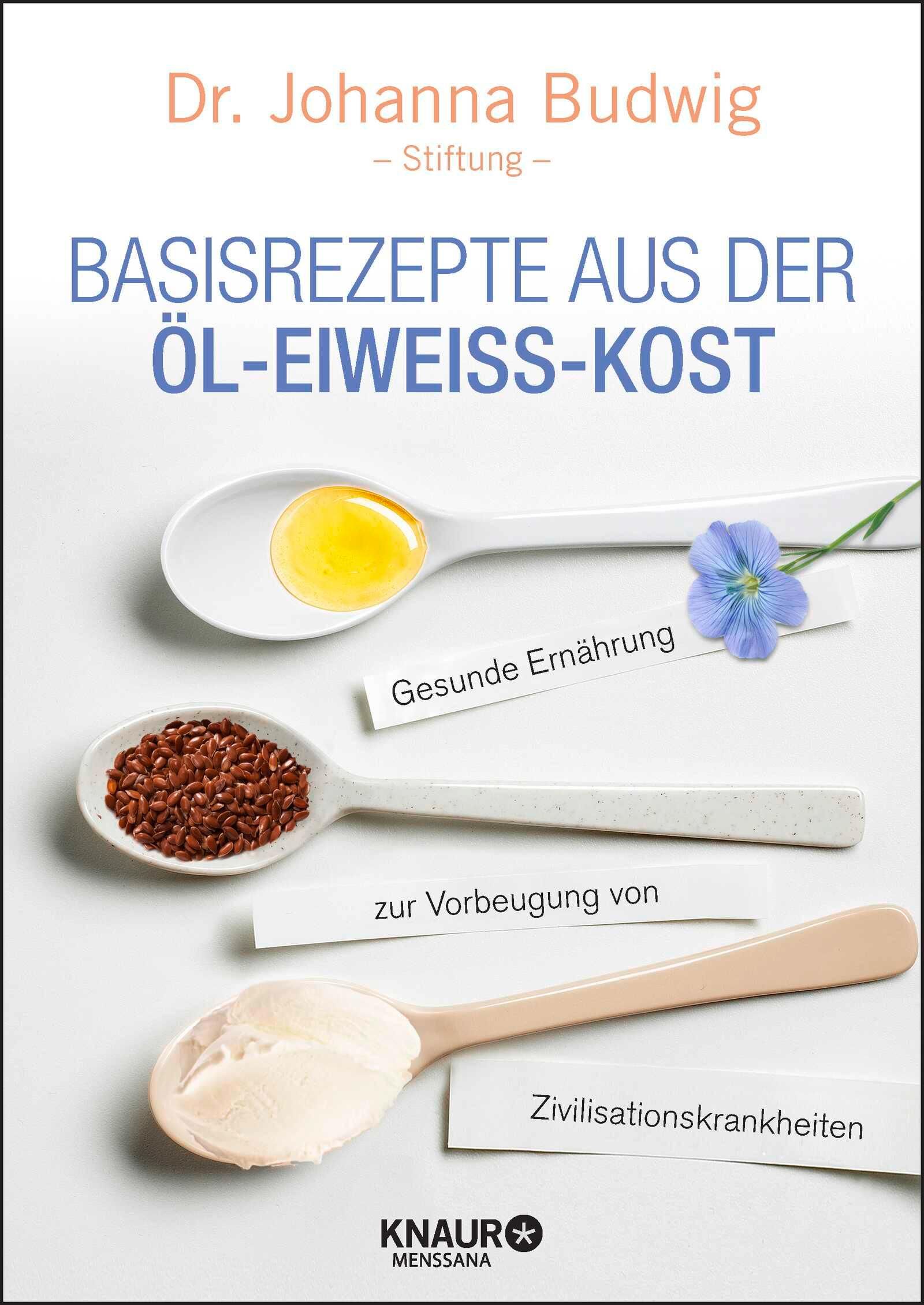 Buchcover: Titel 'Basisrezepte aus der Öl-Eiweiß-Kost'. Löffel mit Öl, Leinsamen, Quark. Autorin: Dr. Johanna Budwig.