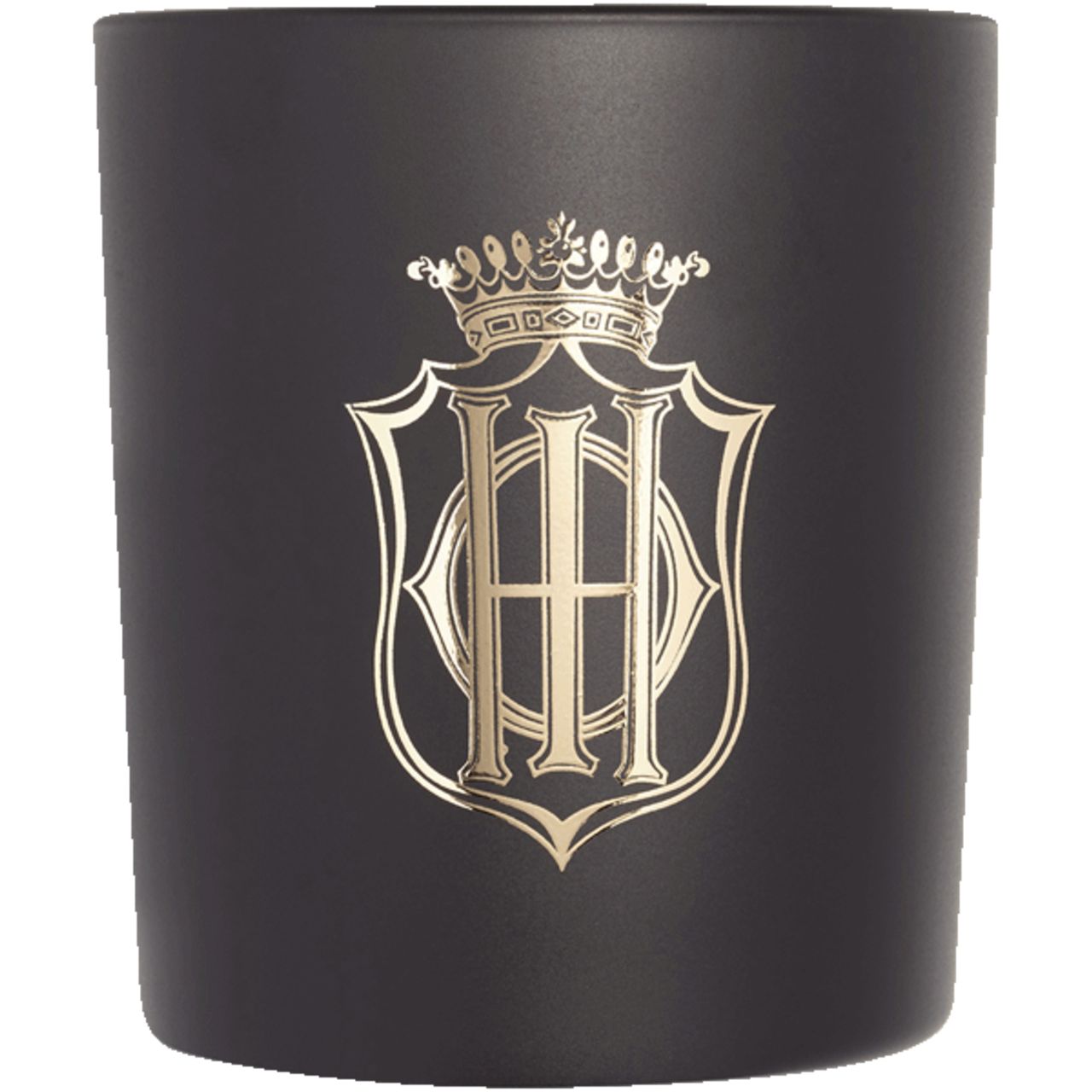 Schwarze Kerze mit goldenem Logo. Kerze mit Wachs und Docht.