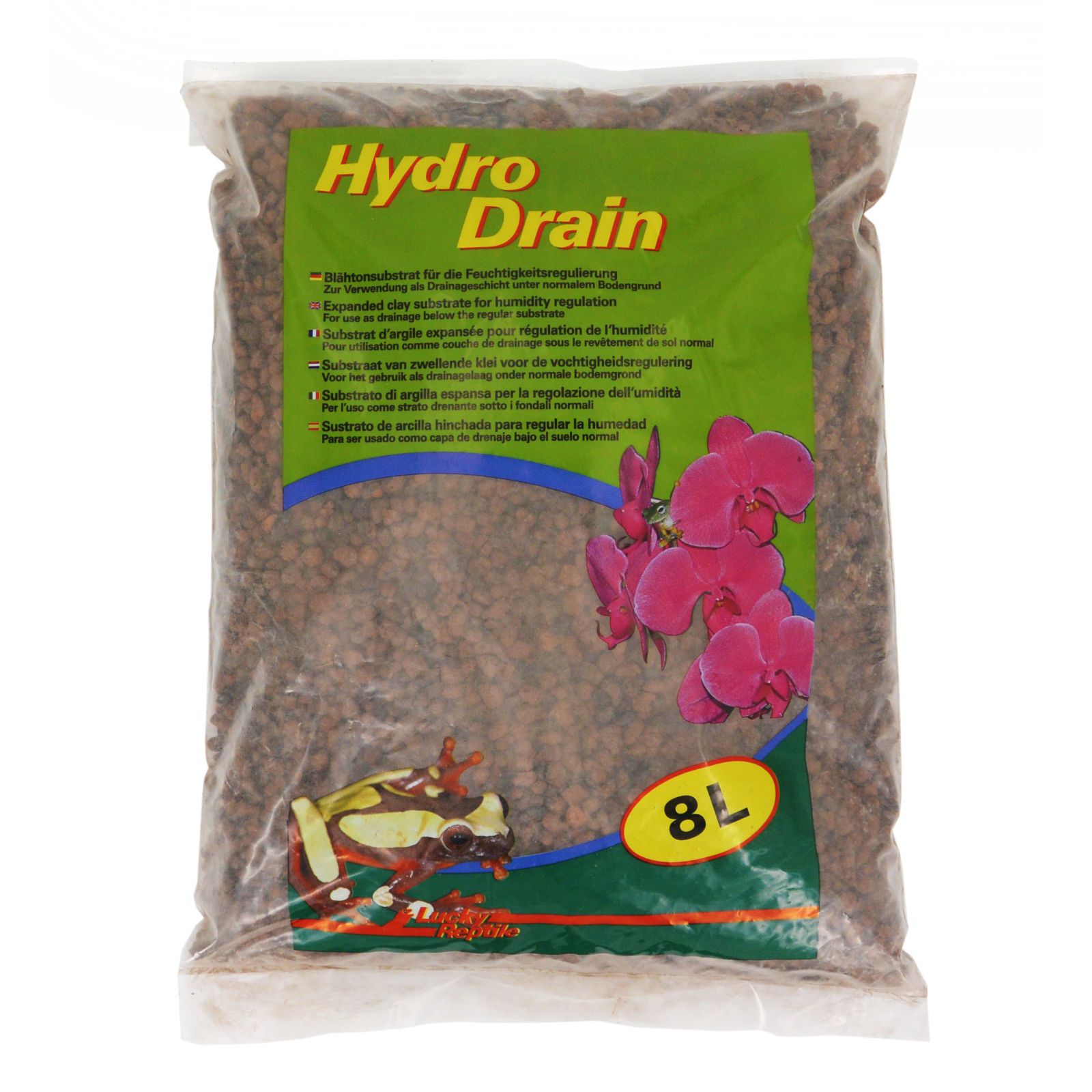 Beutel mit Hydro Drain. Aufdruck: Hydro Drain, 8L. Braune, runde Kügelchen. Grün-weißes Etikett mit Text und Logo.