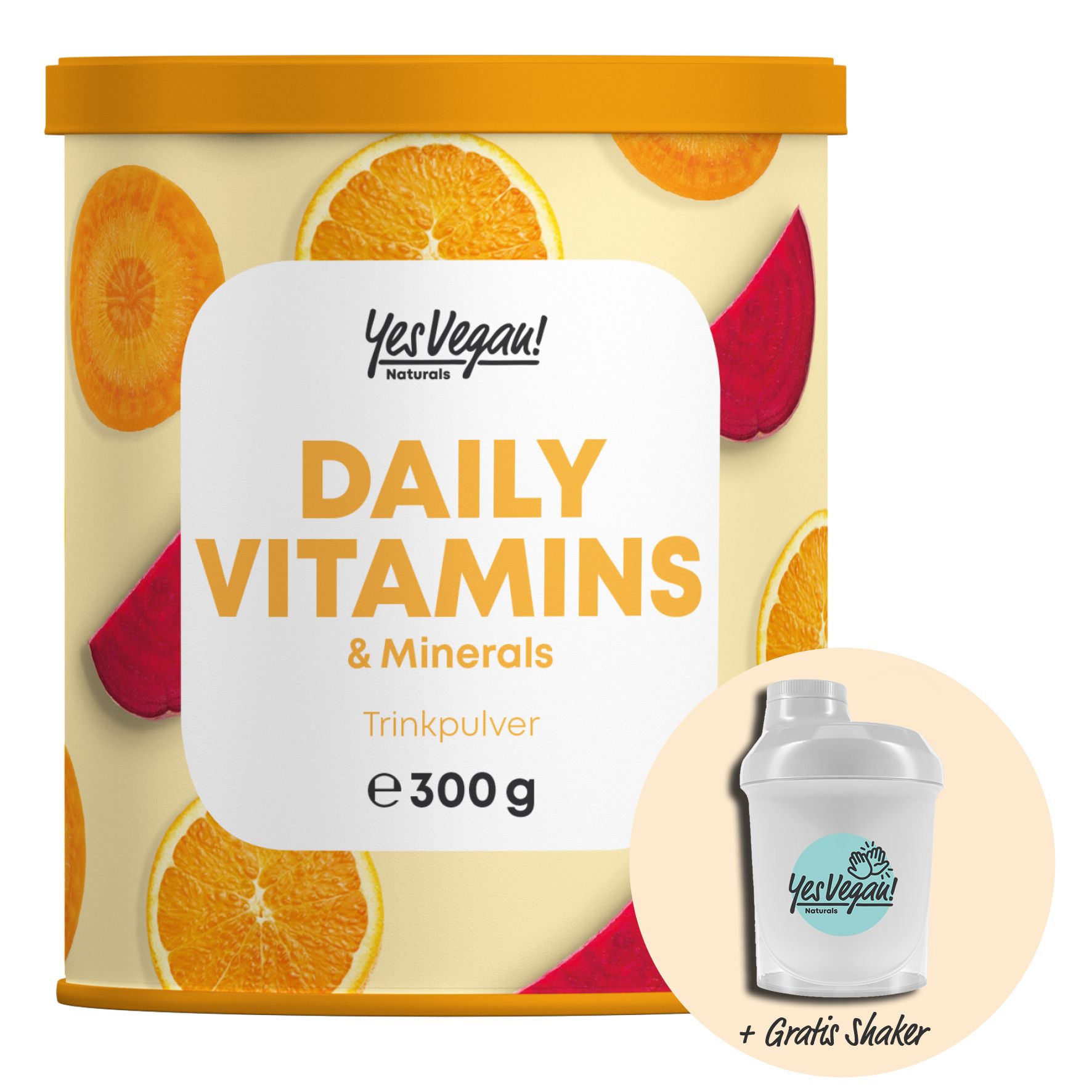Dose Vitaminpulver mit Shaker. Aufdruck: Daily Vitamins & Minerals, e 300 g. Mit Orangen- und Rote-Bete-Motiv.