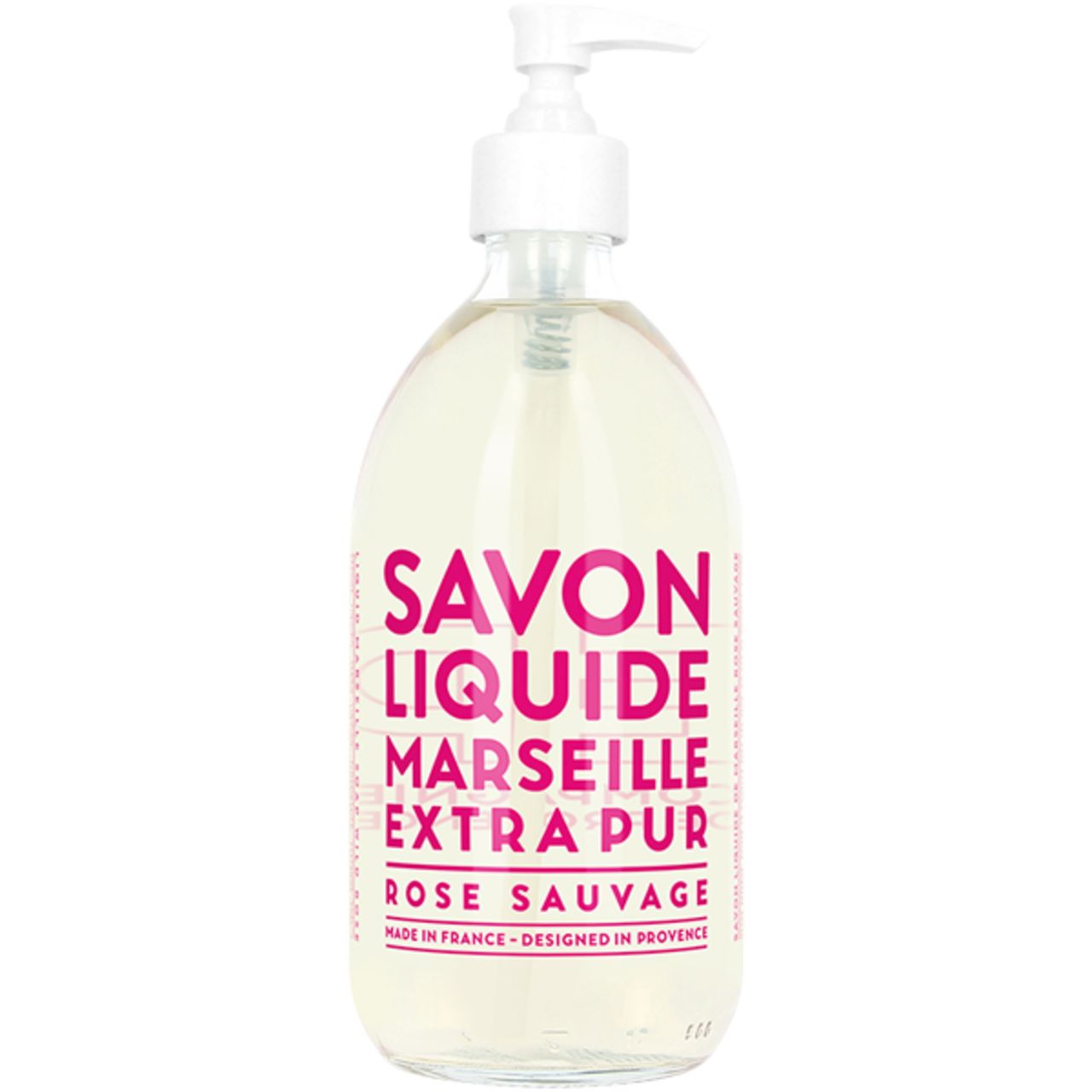 Transparente Seifenflasche mit weißem Pumpkopf. Rosa Schriftzug: Savon Liquide Marseille Extra Pur Rose Sauvage.