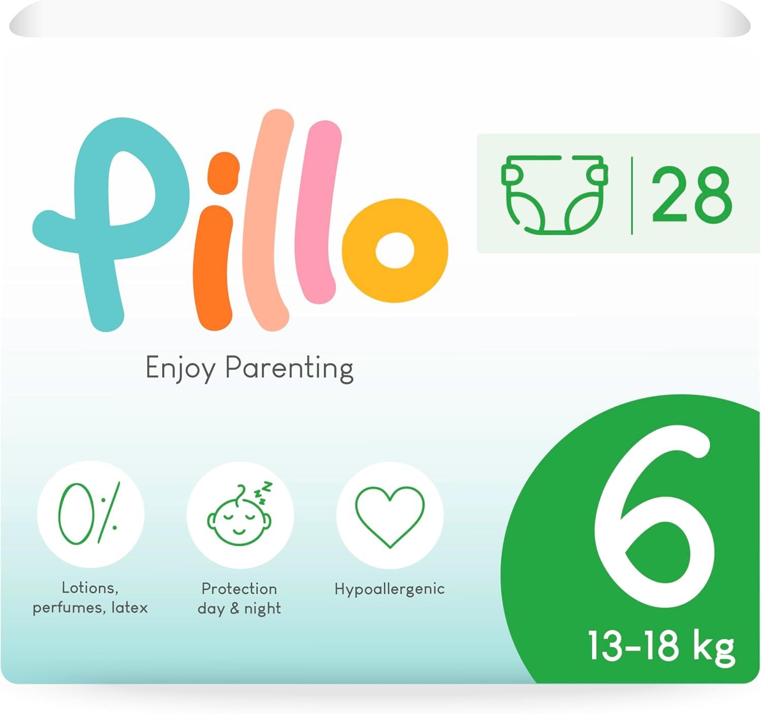 Verpackung Pillo Windeln, Größe 6, 13-18 kg. Mit Logos für 0% Lotionen, parfums, latex, Schutz Tag & Nacht, hypoallergen.