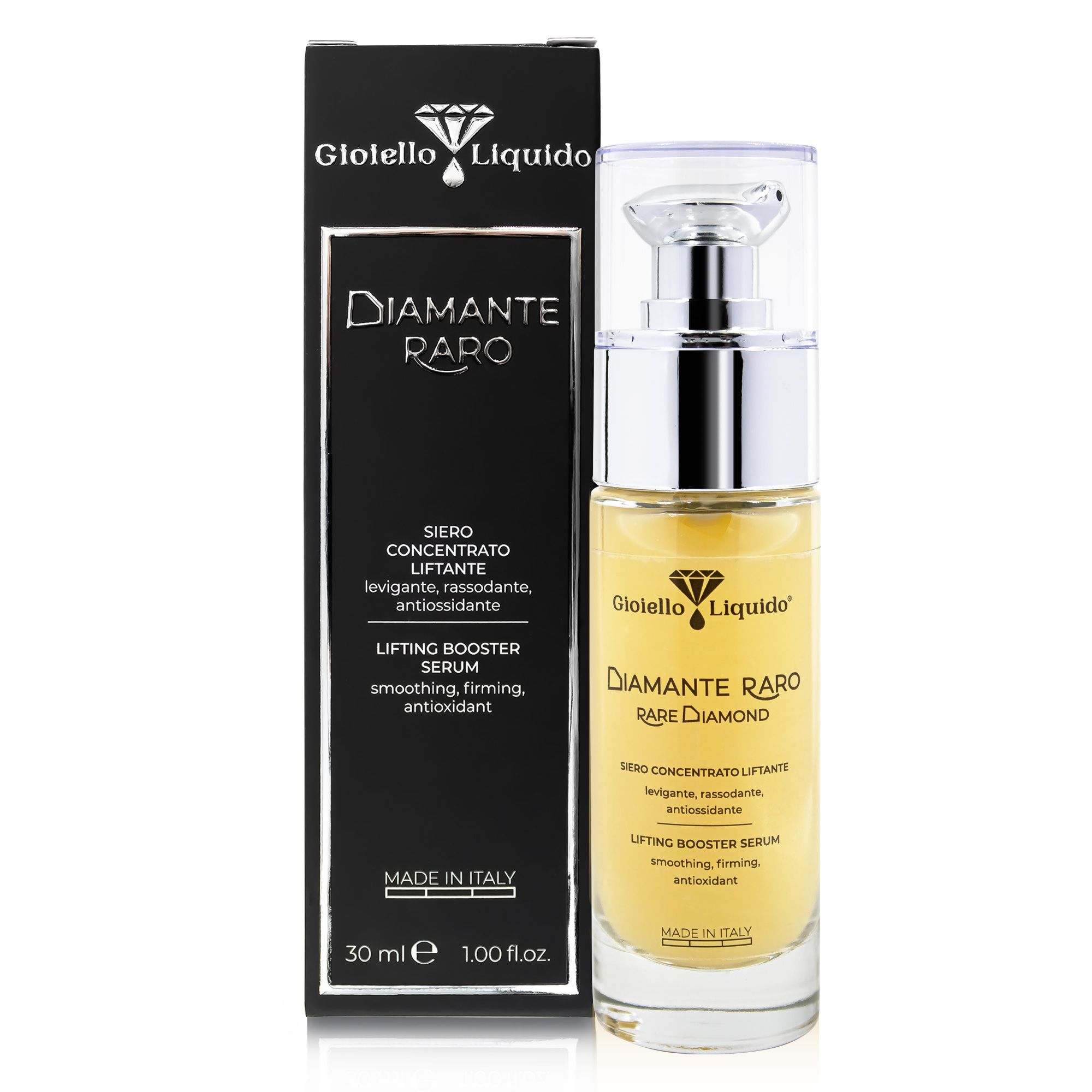 Flacone di siero e confezione. Scritta: Gioiello Liquido, Diamante Raro, Lifting Booster Serum. 30 ml.